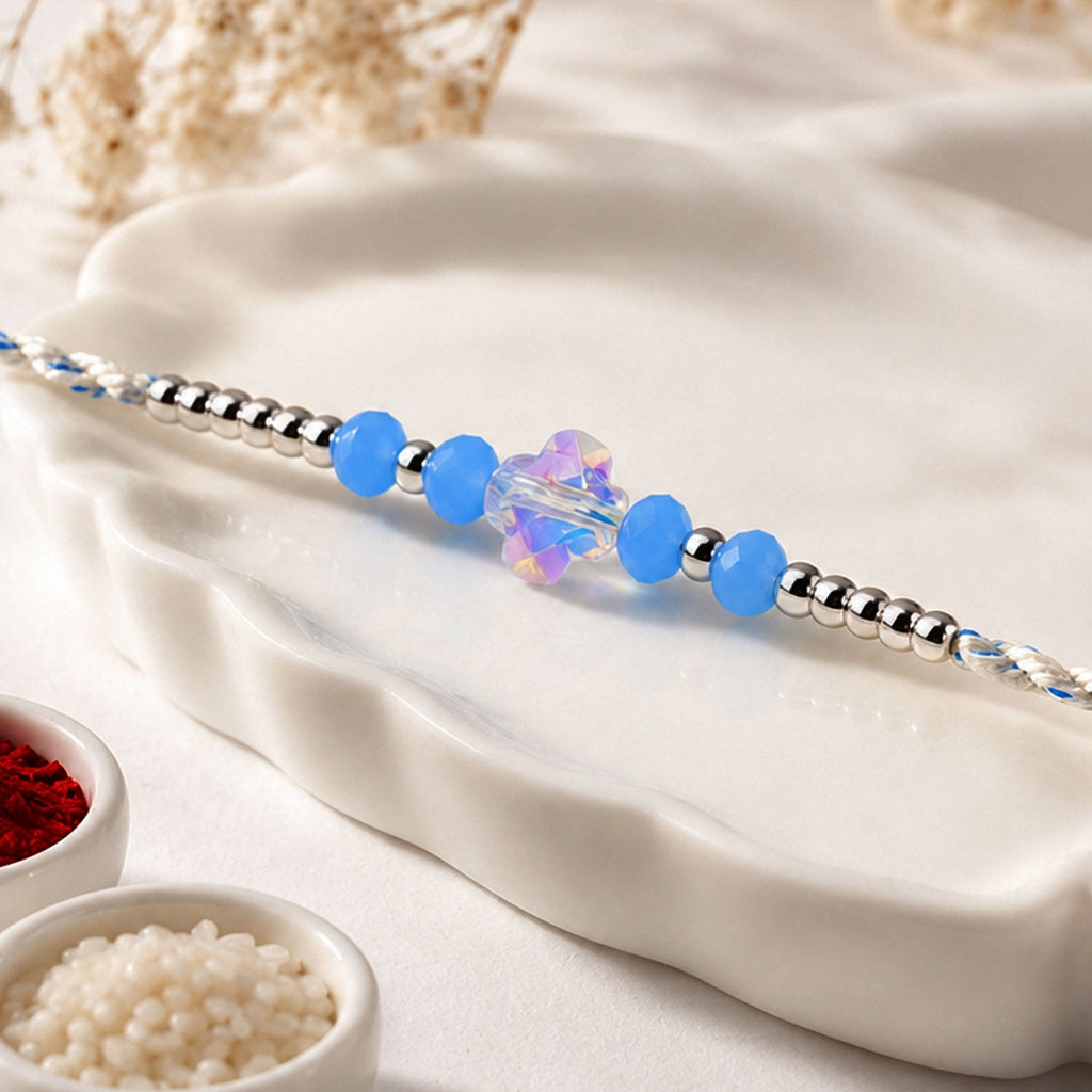 ALVENZA Blue Crystal Bead Rakhi with Round Stone Centre, Silver Highlights and Red Thread