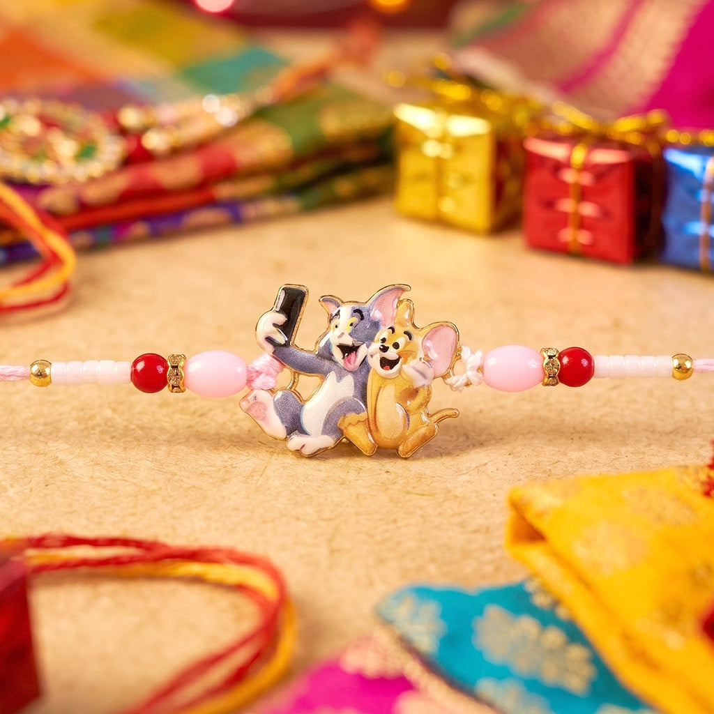 ALVENZA Kids Rakhi - Cute Cartoon Cat & Mouse Selfie Design for Siblings