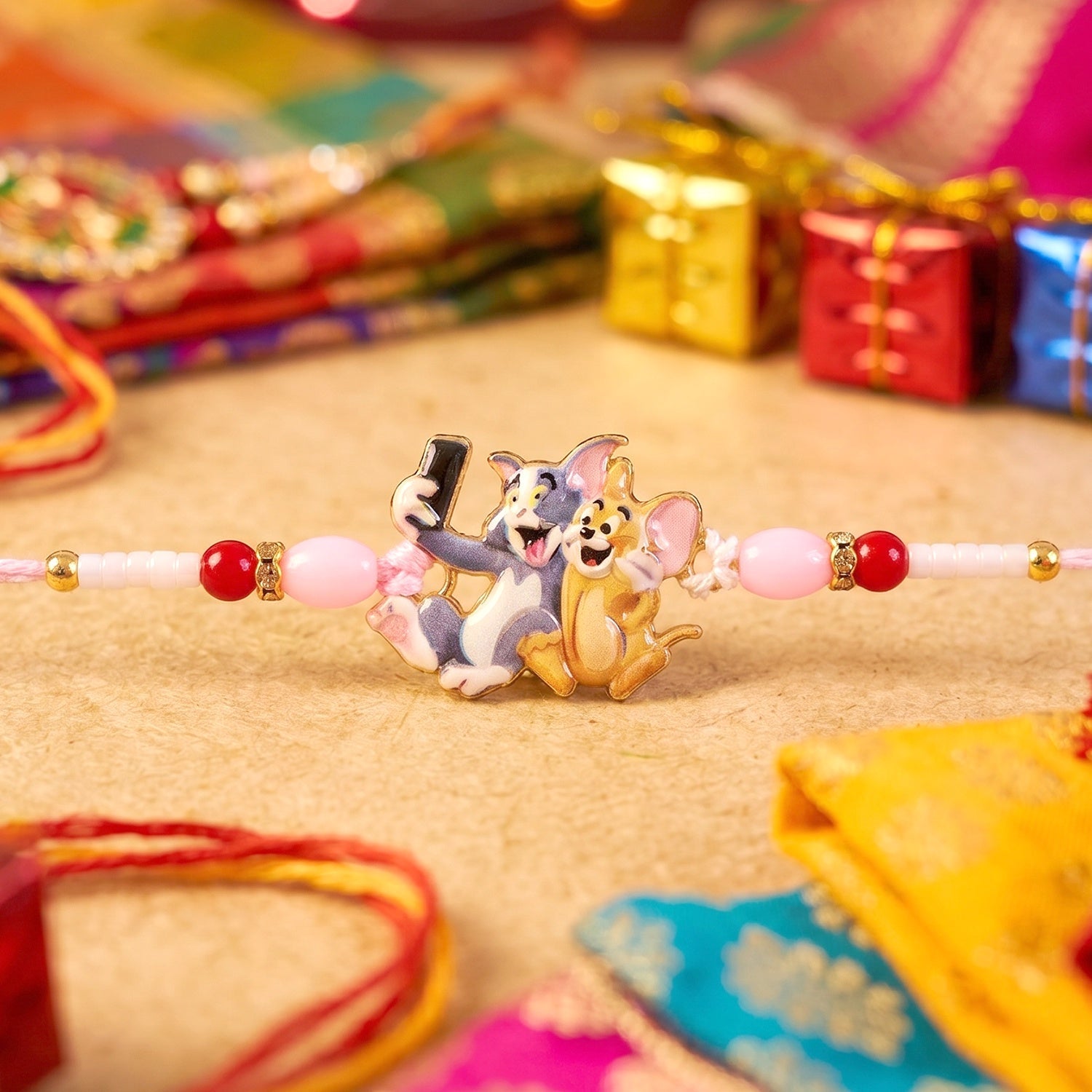 ALVENZA Kids Rakhi - Cute Cartoon Cat & Mouse Selfie Design for Siblings