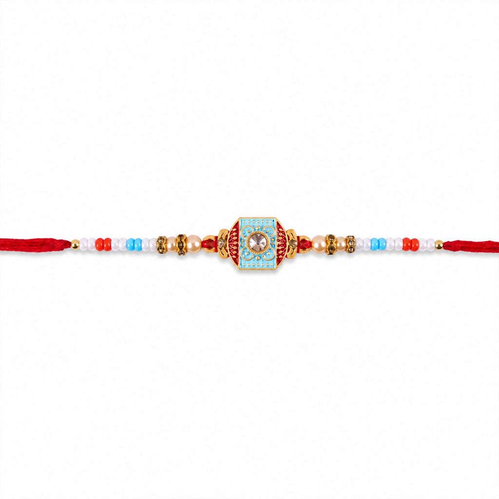 ALVENZA Sky Blue-Red Meenakari Designer Bhaiya Rakhi for Brother with Beads Gift