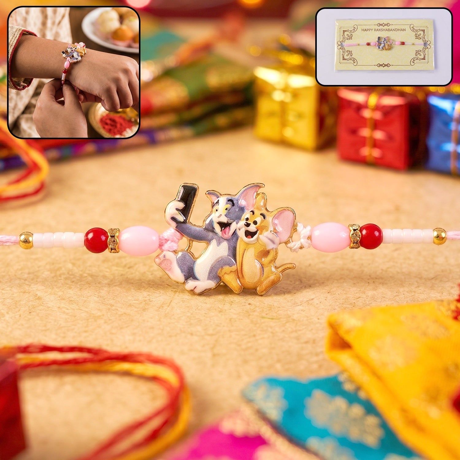 ALVENZA Kids Rakhi - Cute Cartoon Cat & Mouse Selfie Design for Siblings