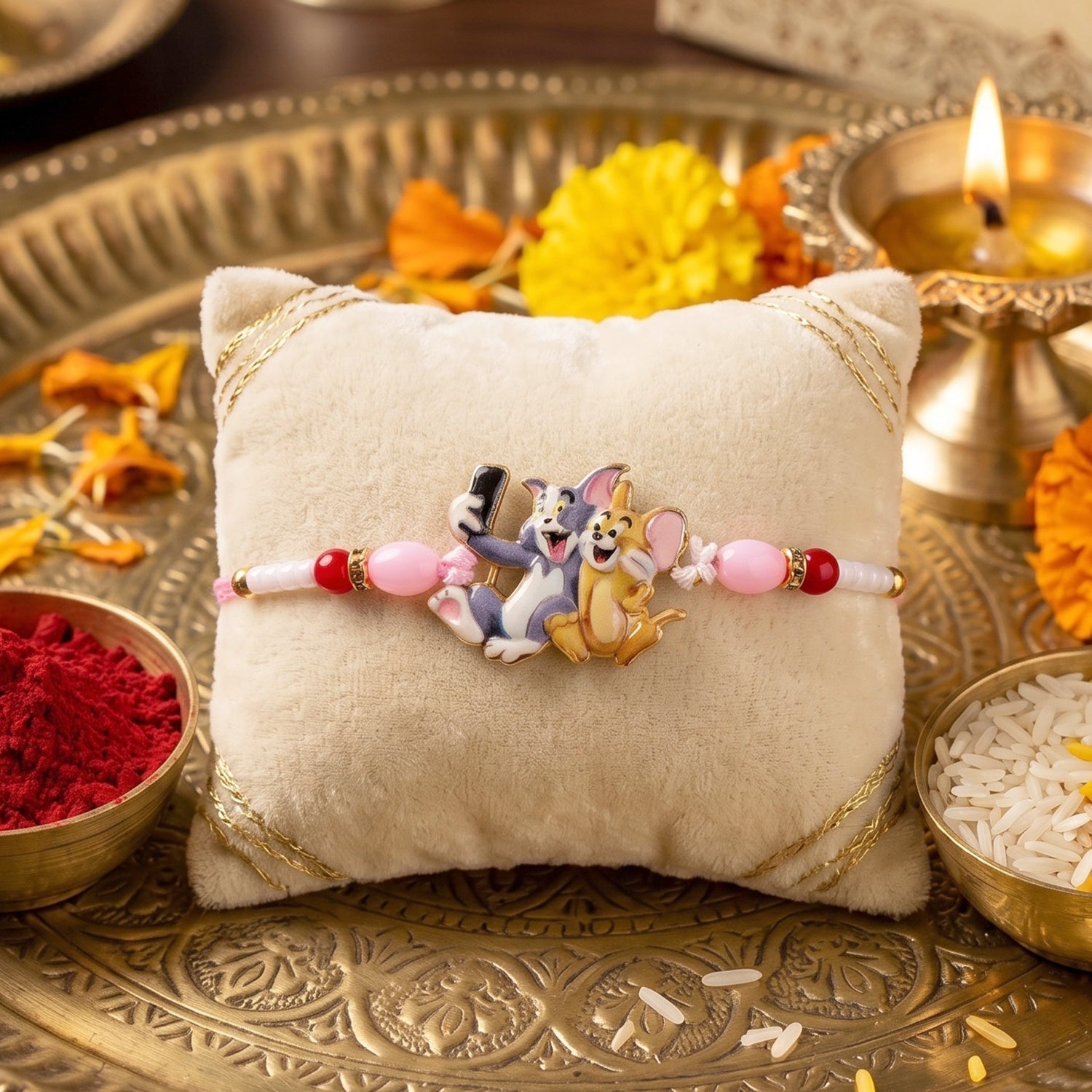 ALVENZA Kids Rakhi - Cute Cartoon Cat & Mouse Selfie Design for Siblings