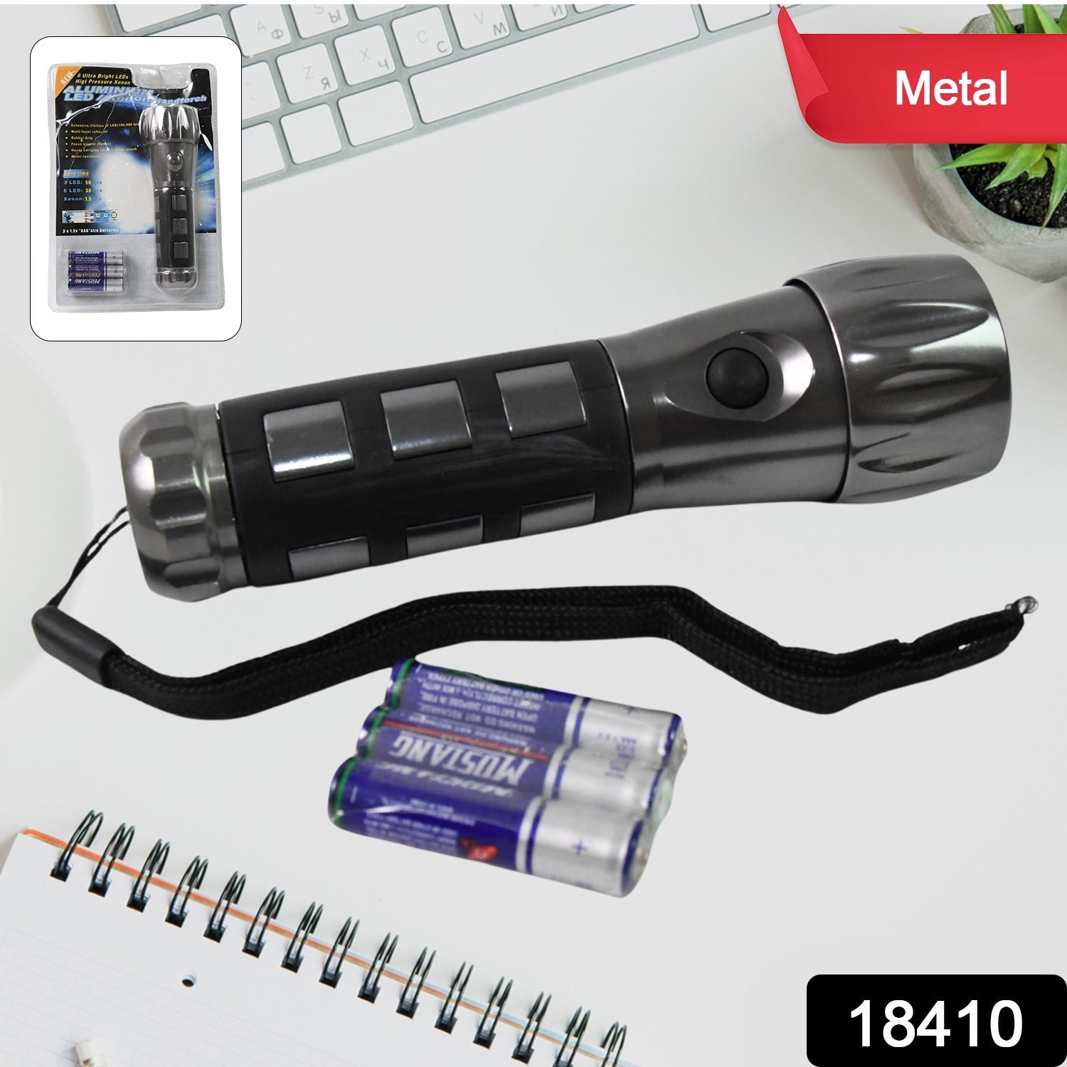 LED Hand Torch Aluminium, Rubber Grip - Side View