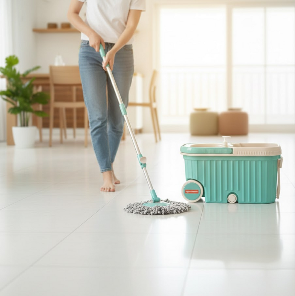 ALVENZA 360 Spin Mop with Wheels – Microfiber, Auto-Fold Handle | Ganesh
