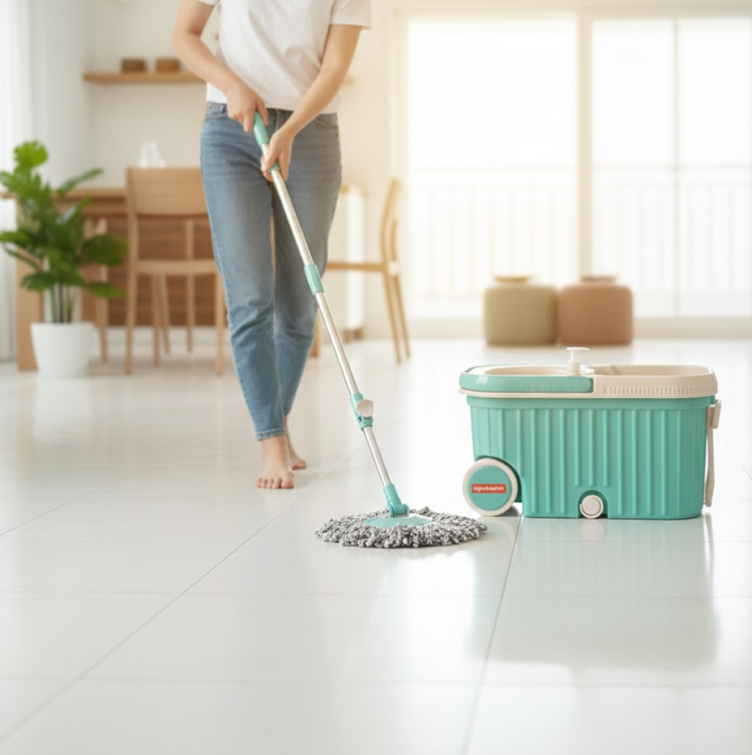 ALVENZA 360 Spin Mop with Wheels – Microfiber, Auto-Fold Handle | Ganesh