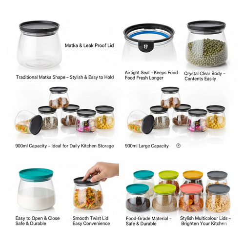 ALVENZA Airtight Storage Jars – Matka Shape, 900ml Set of 6 | Velvet Wheels