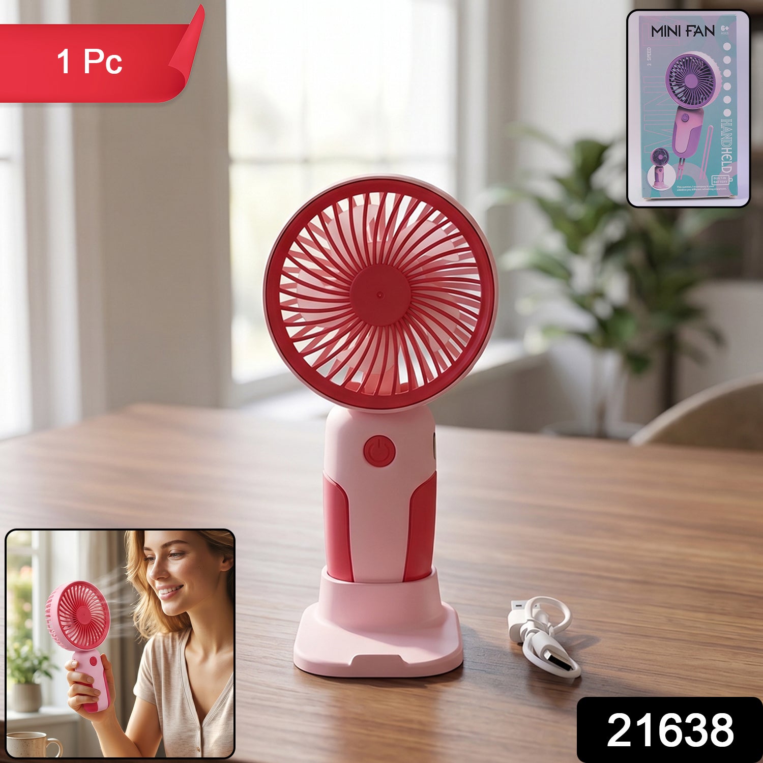 Mini Handheld Rechargeable USB Fan Portable & Detachable Stand - Side View