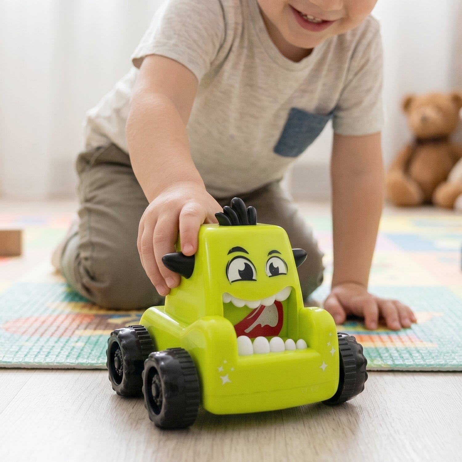 Cartoon Monster Push Back Car Toy for Kids - Eco-Friendly & Durable - Front View