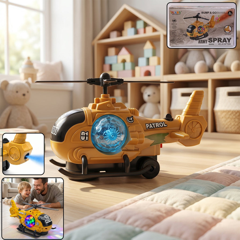 ALVENZA Military Spray Helicopter Toy – Lights, Music & Mist for Kids