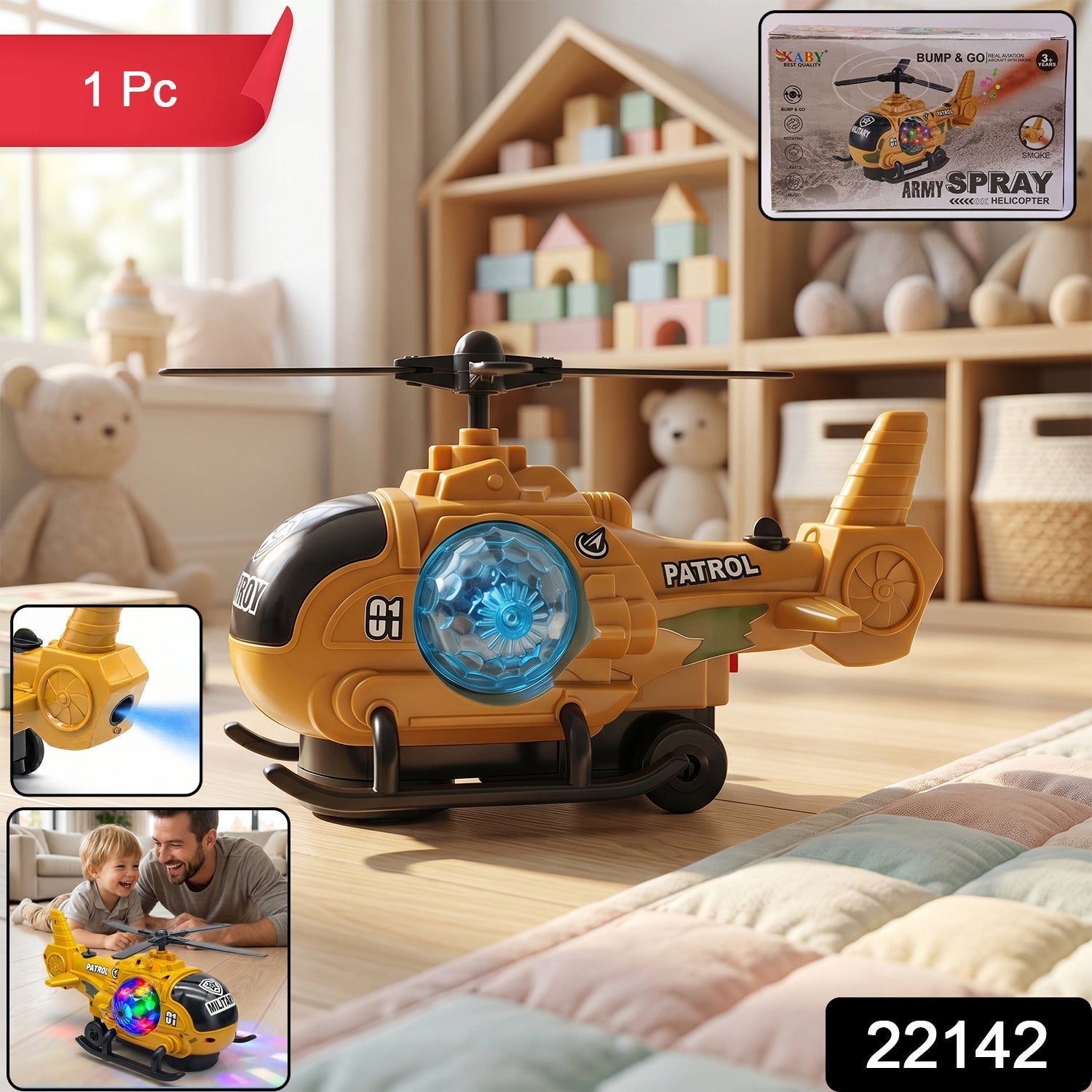 ALVENZA Military Spray Helicopter Toy – Lights, Music & Mist for Kids