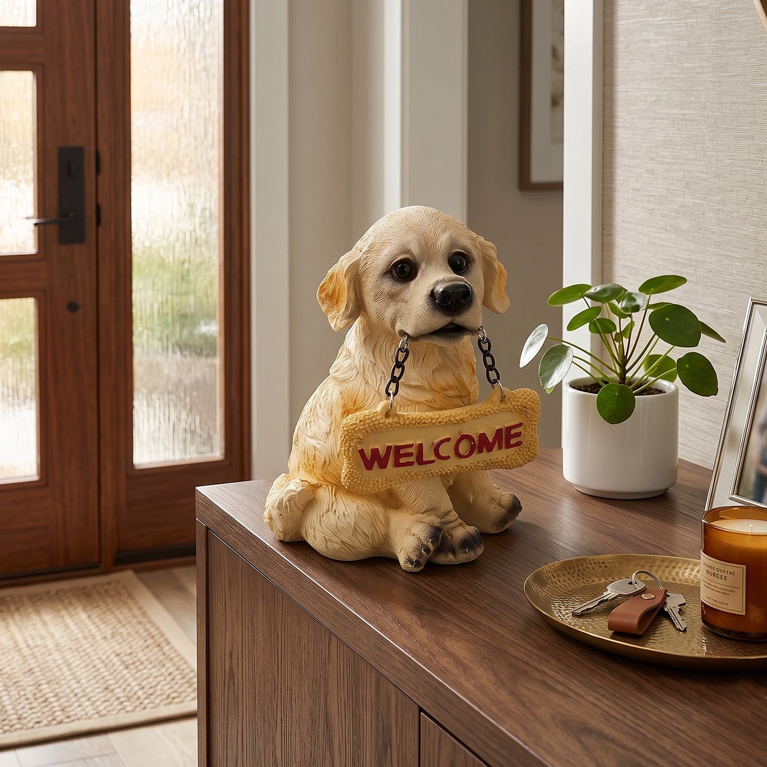 Dog Welcome Figurine Charmingly Hand-Painted Home Decor - Front View