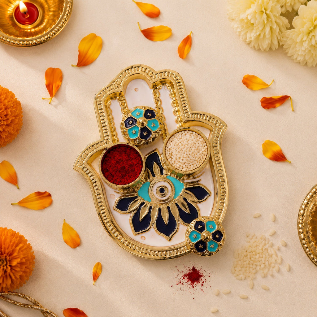 Hand Shaped Kankavati Elegant Puja Storage with Enamel Work - Front View