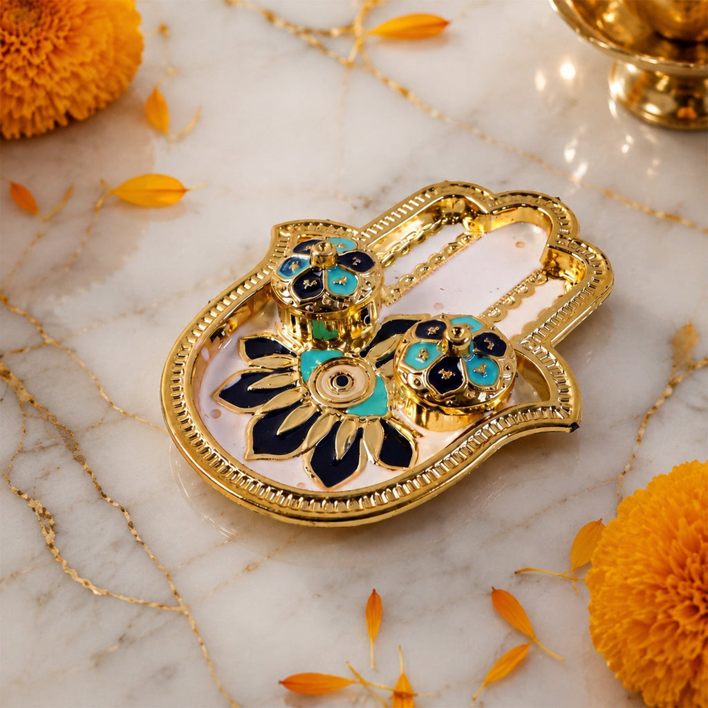 Hand Shaped Kankavati Elegant Puja Storage with Enamel Work - Detail View 8