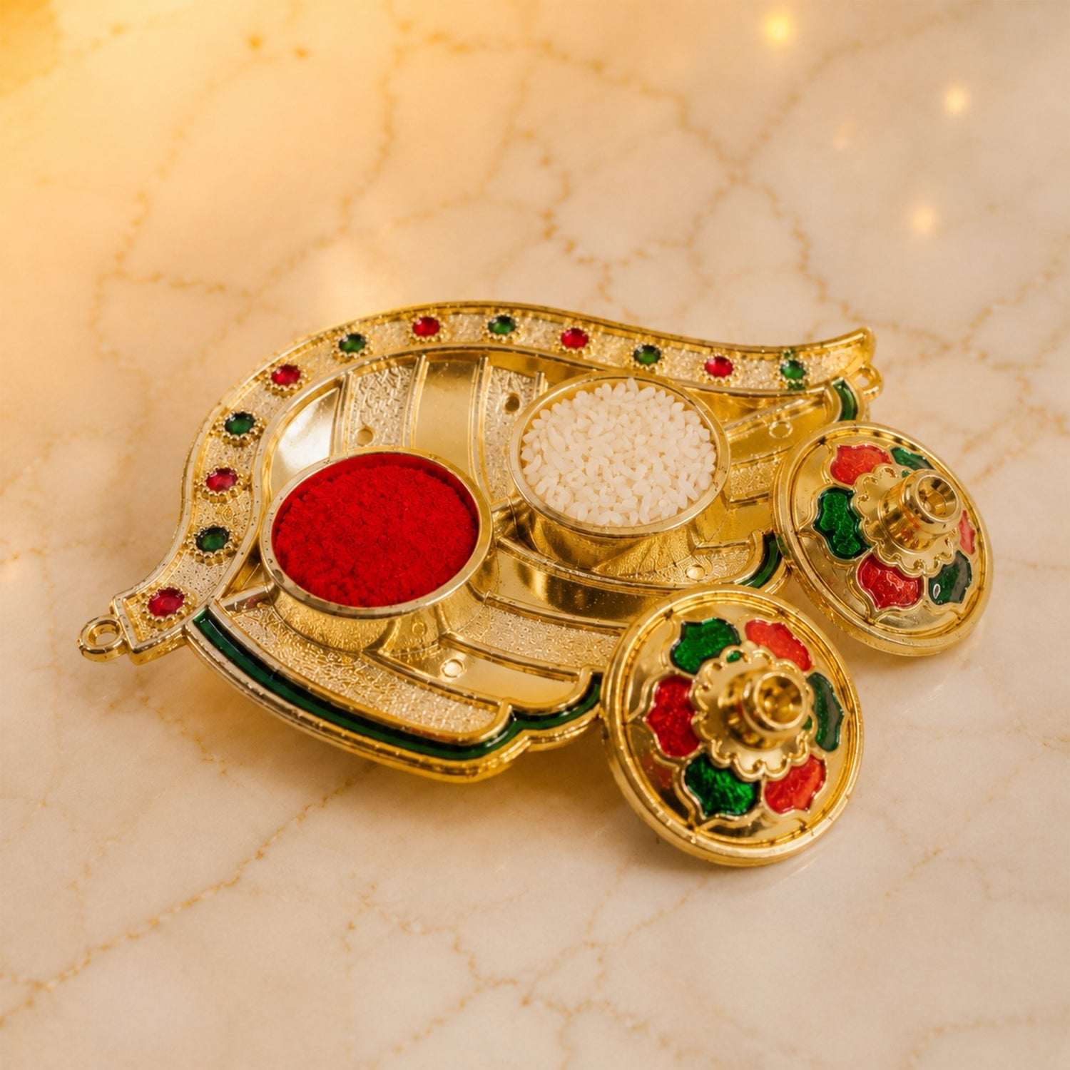 Kumkum Holder Elegant Mango Shape with Twin Compartments for Puja - Front View