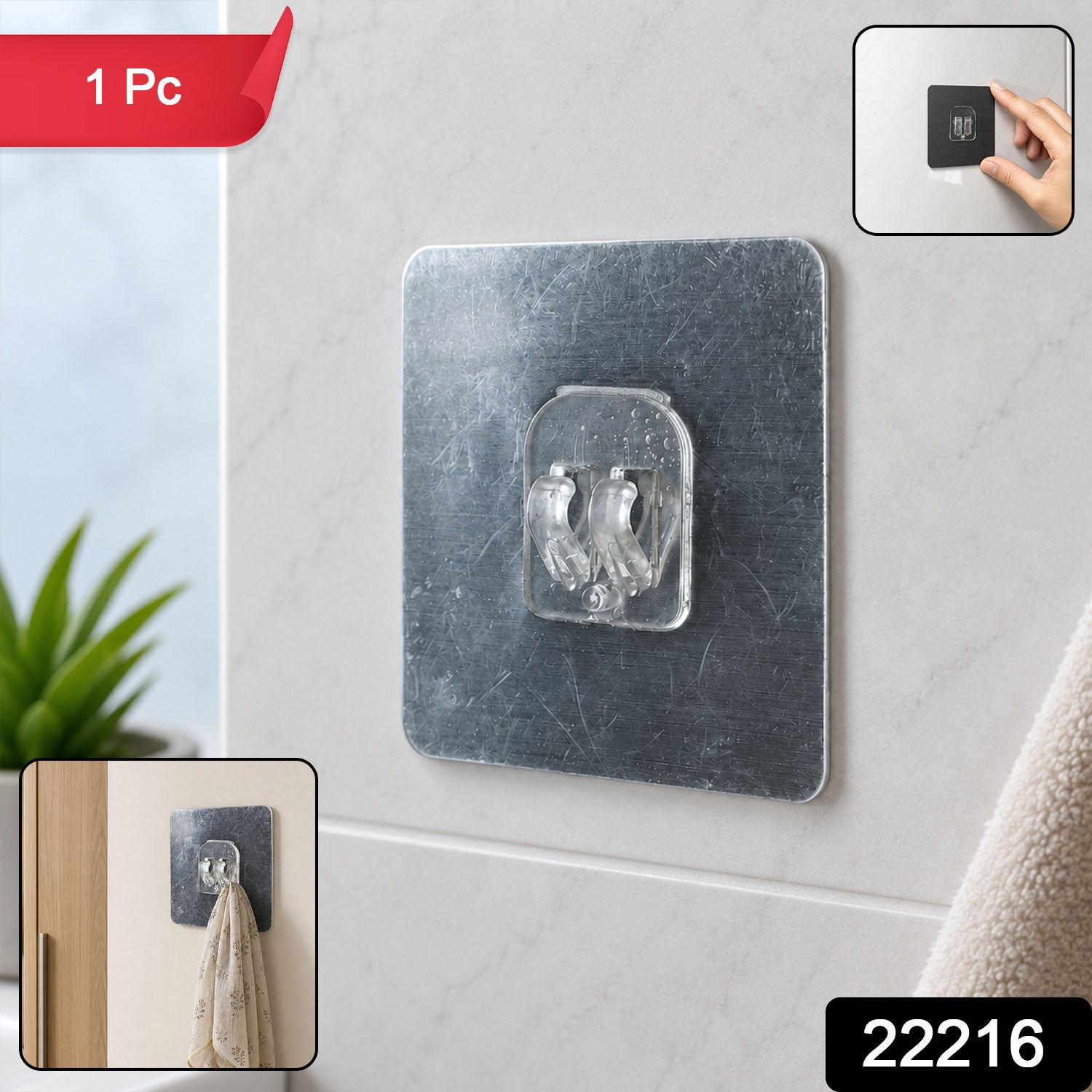 Self-Adhesive Transparent Wall Hook Damage-Free, Reusable Holder - Side View
