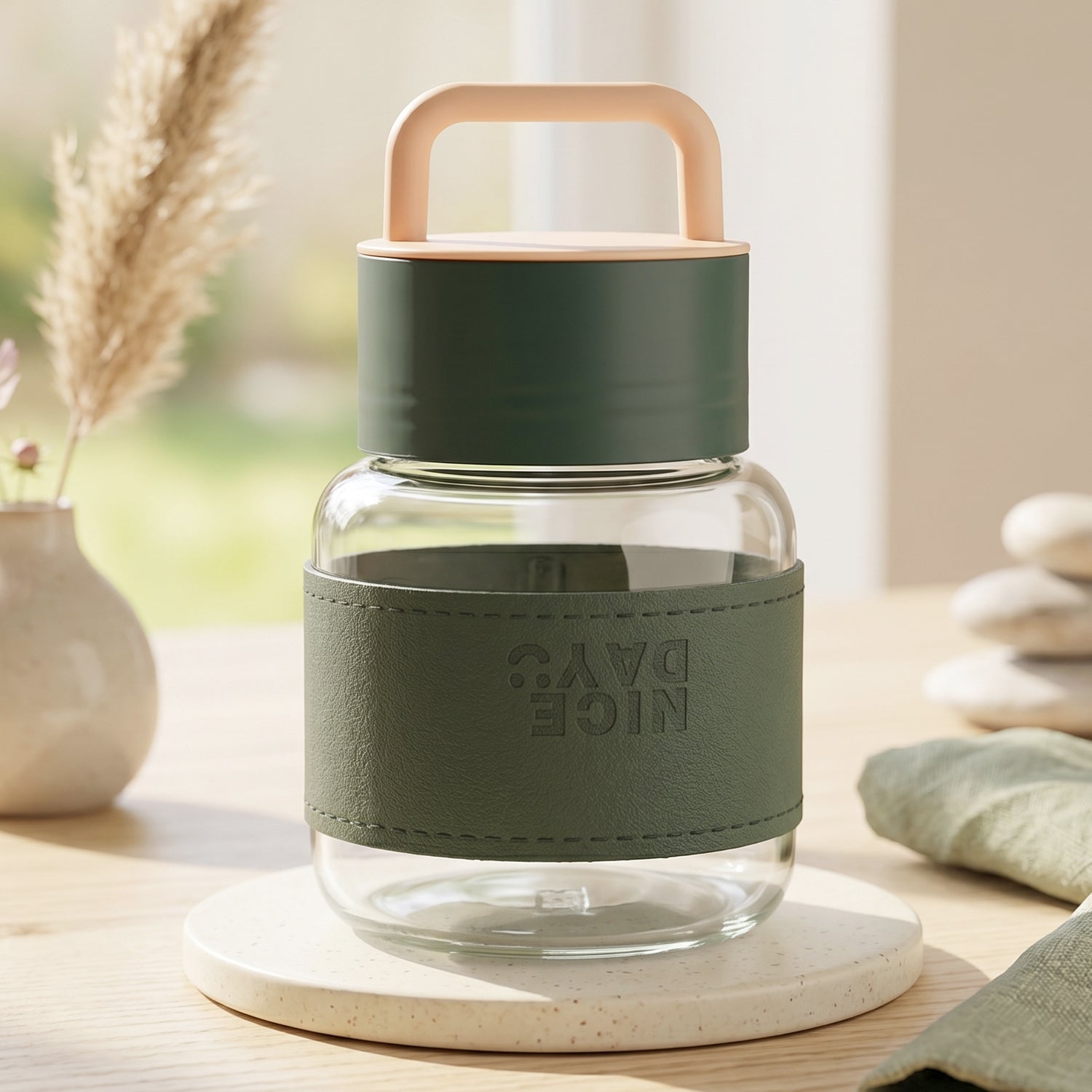 Glass Water Bottle Stylish, Portable with Handle & Leather Sleeve