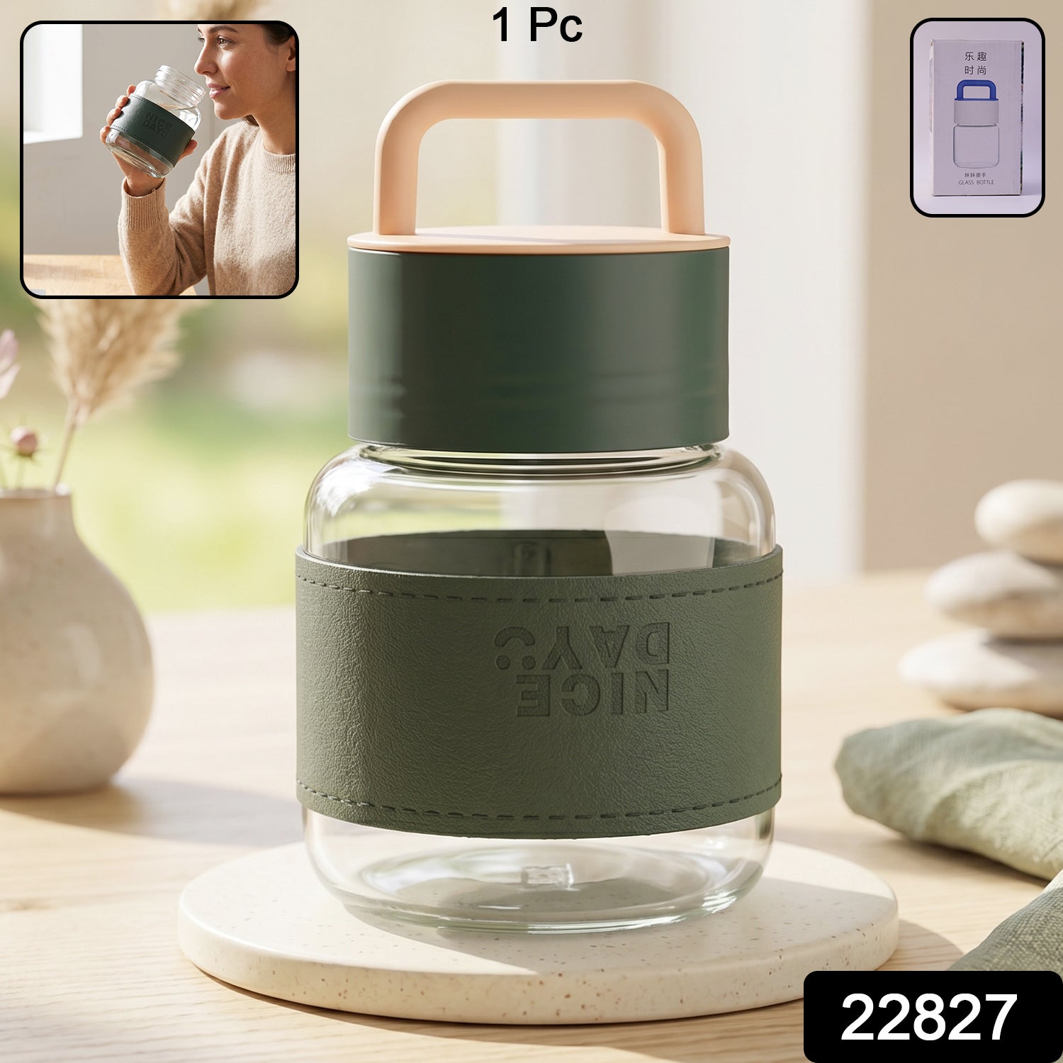 Glass Water Bottle Stylish, Portable with Handle & Leather Sleeve - Side View