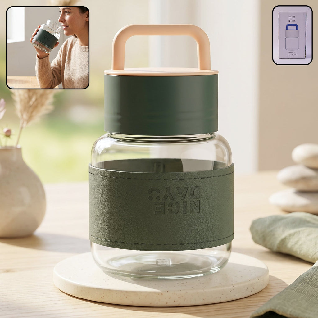 Glass Water Bottle Stylish, Portable with Handle & Leather Sleeve - Front View