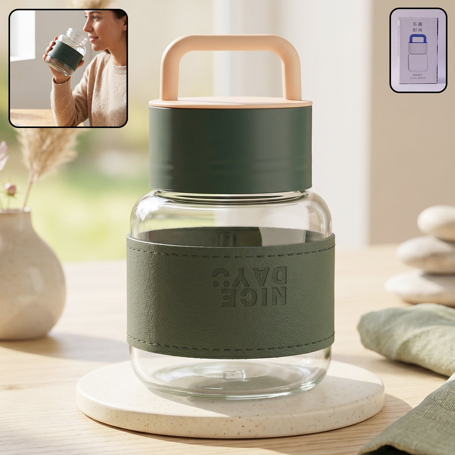 Glass Water Bottle Stylish, Portable with Handle & Leather Sleeve - Front View