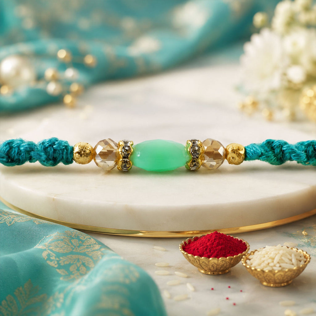 ALVENZA Turquoise Macrame Bracelet Rakhi with Mint Beads, Pearl Accents and Modern Thread