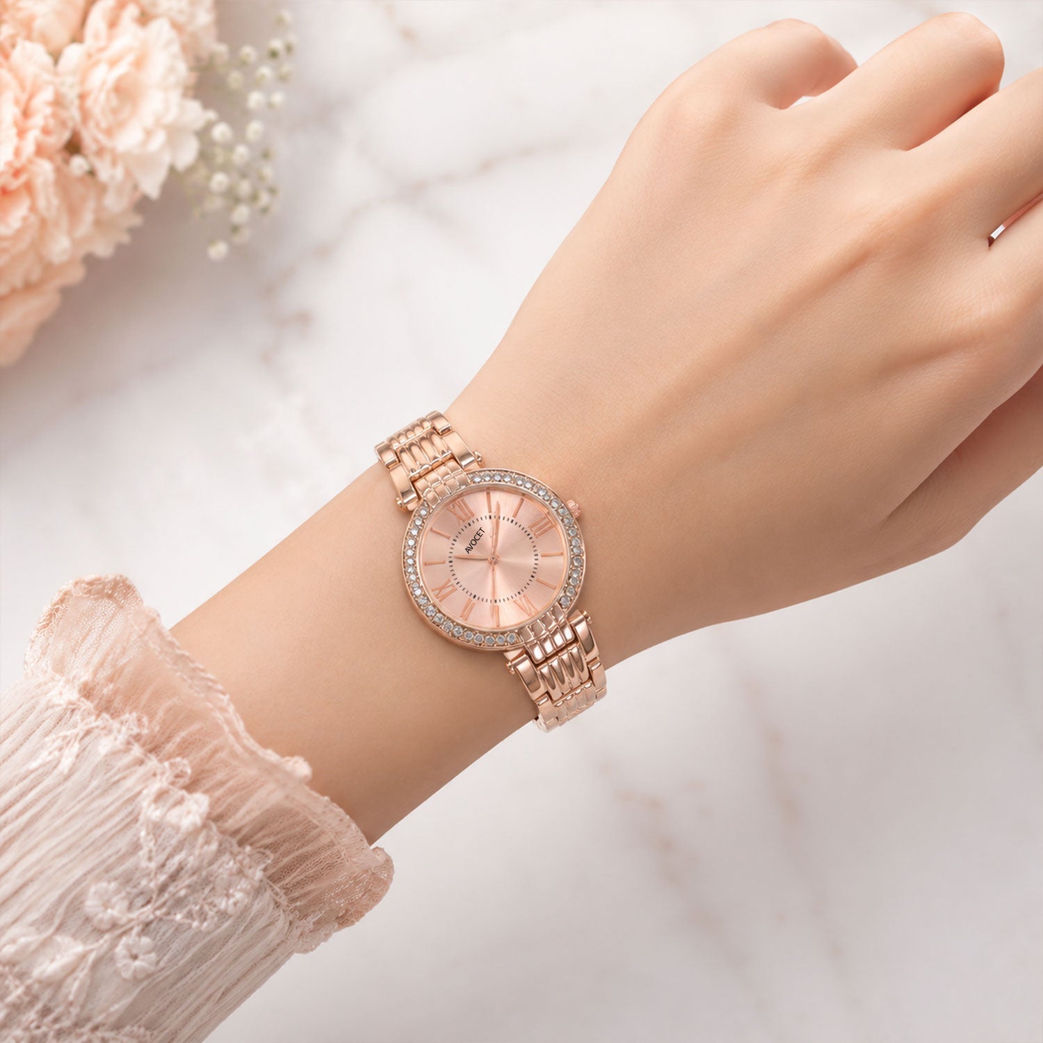 Women's Rose Gold Analog Wrist Watch with Crystal Bezel