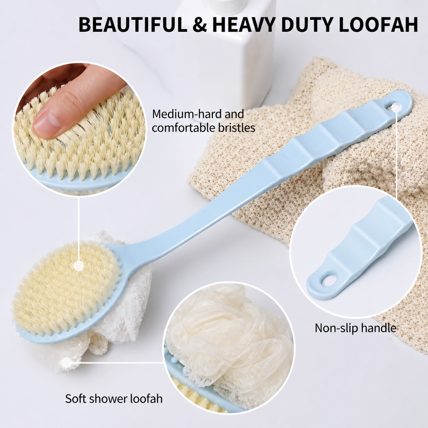 Long Handle Shower Brush Gentle Exfoliation for Deep Clean - Front View