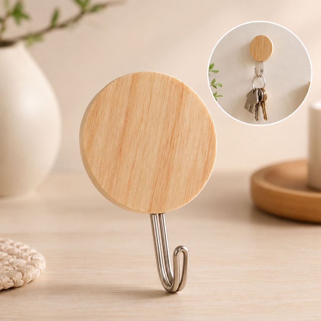 Self-Adhesive Wall Hooks No Drill, Stylish Wooden Finish