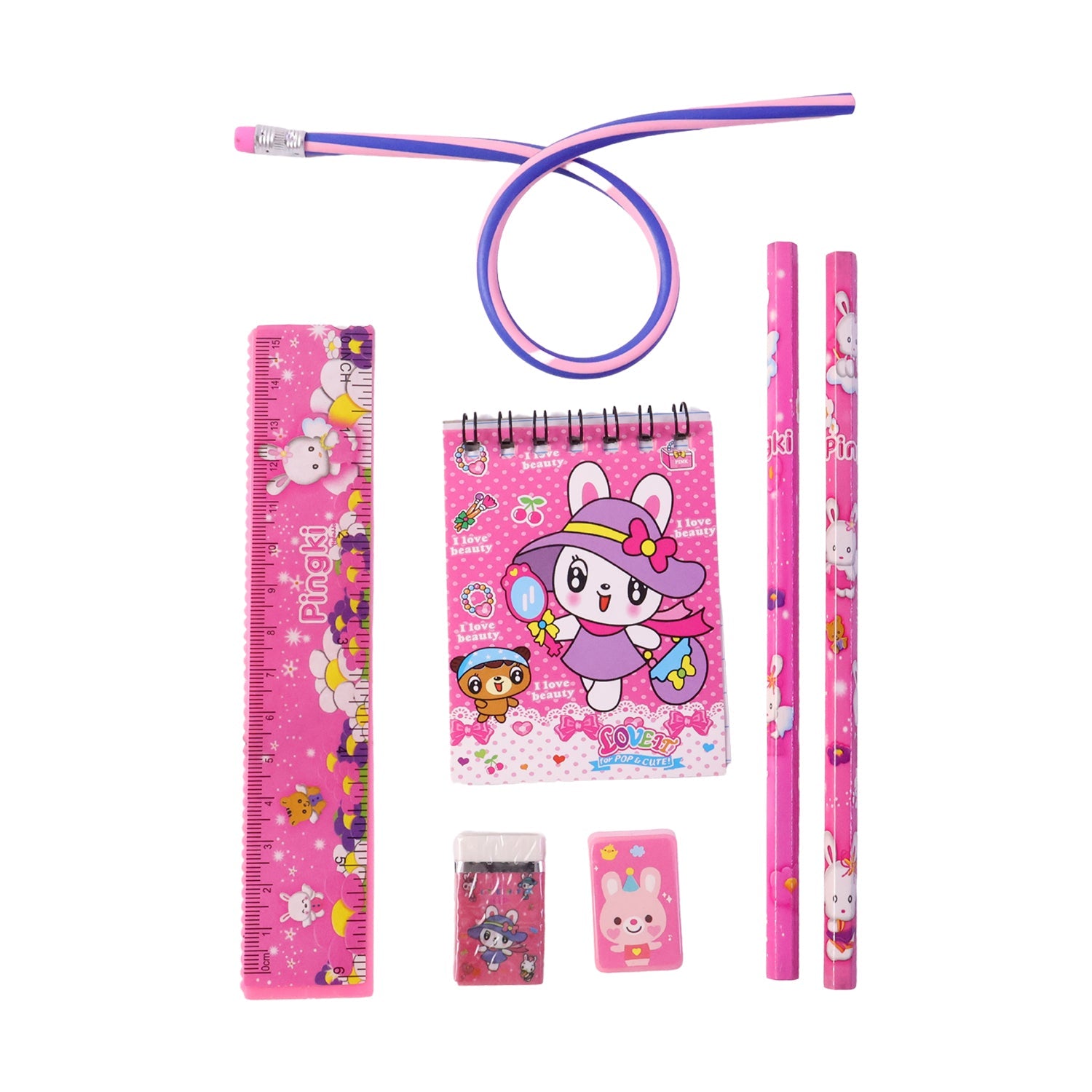 Kids Stationery Set 7-in-1 Cute Pink Gift Pack for Girls - Back View