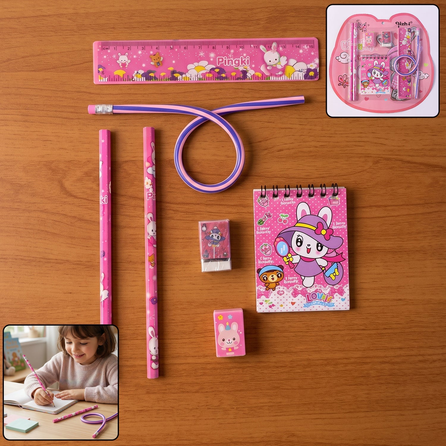 Kids Stationery Set 7-in-1 Cute Pink Gift Pack for Girls