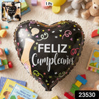 Black Heart Feliz Cumpleaos Foil Balloon Bright Party Decor - Side View