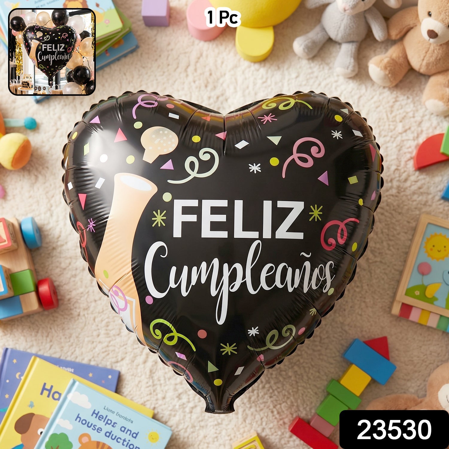 Black Heart Feliz Cumpleaos Foil Balloon Bright Party Decor - Side View