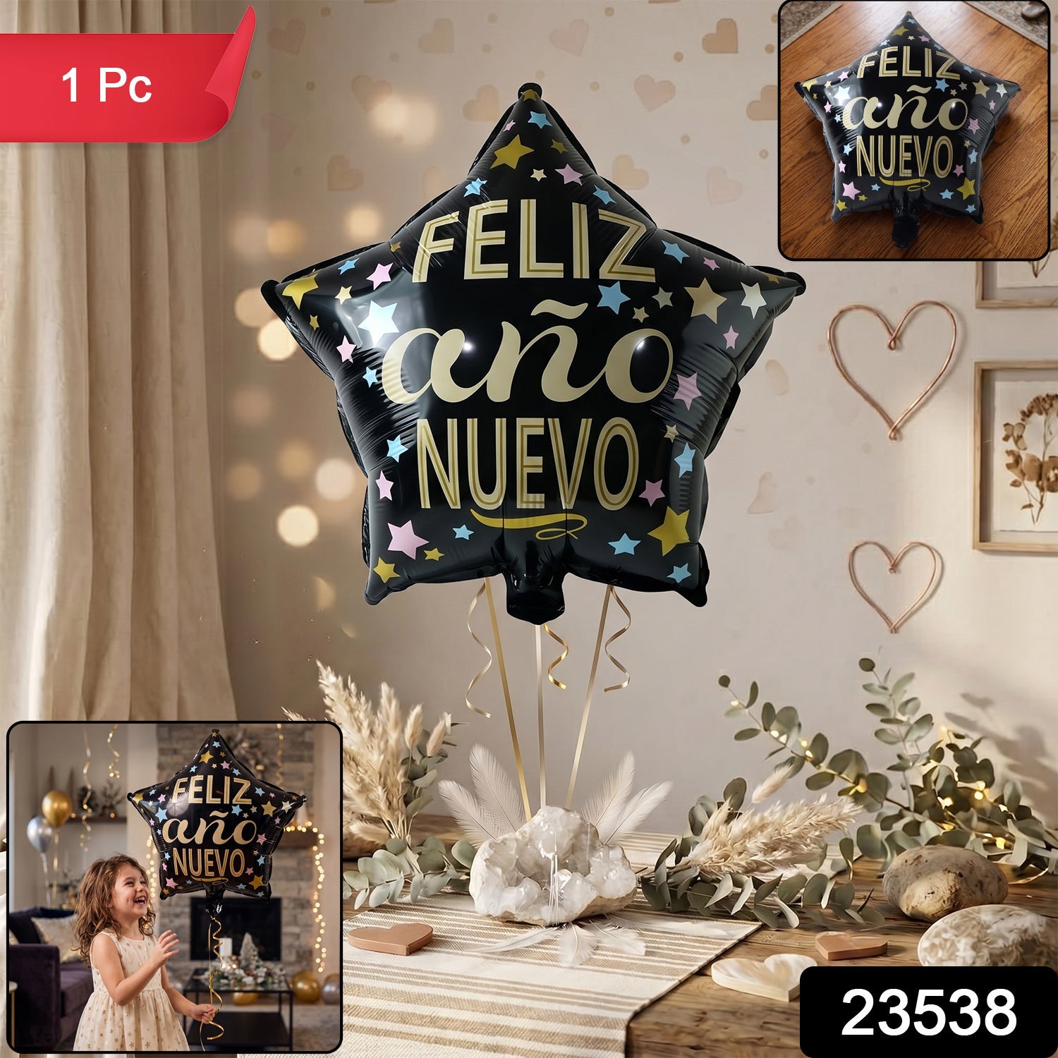 Black Star Feliz Ano Nuevo Foil Balloon Bright Festive Decor - Side View