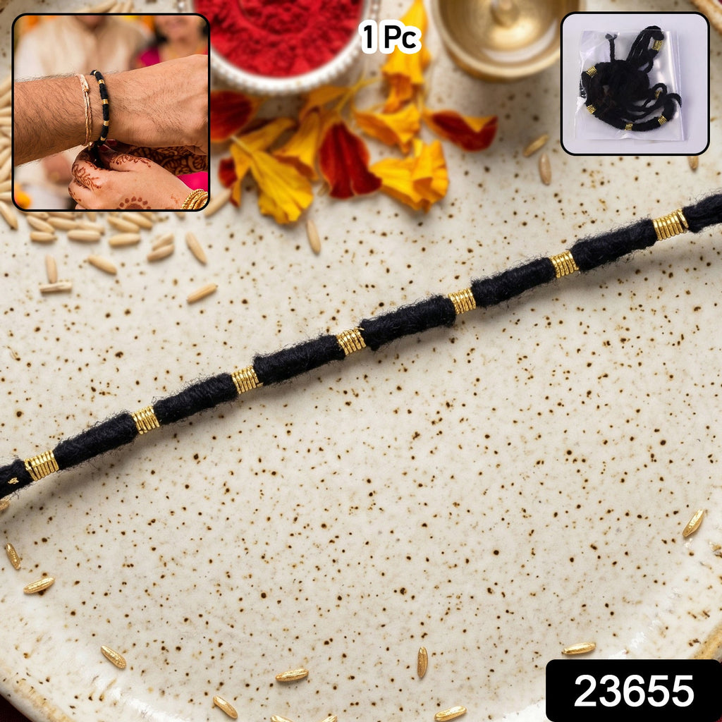 Rakhi Handmade Black Thread with Gold Beads for Raksha Bandhan - Side View