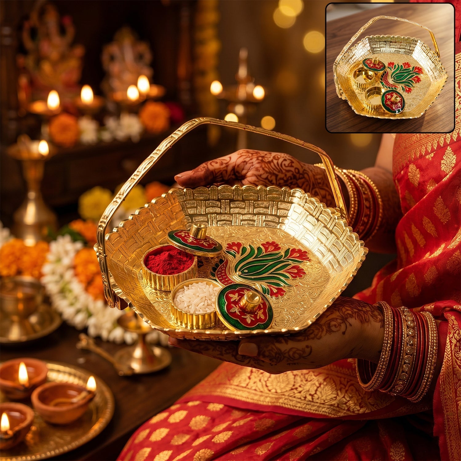 Golden Kumkum Kankavati Basket Elegant Ritual Organizer