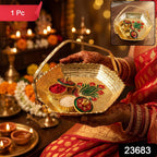 Golden Kumkum Kankavati Basket Elegant Ritual Organizer - Side View