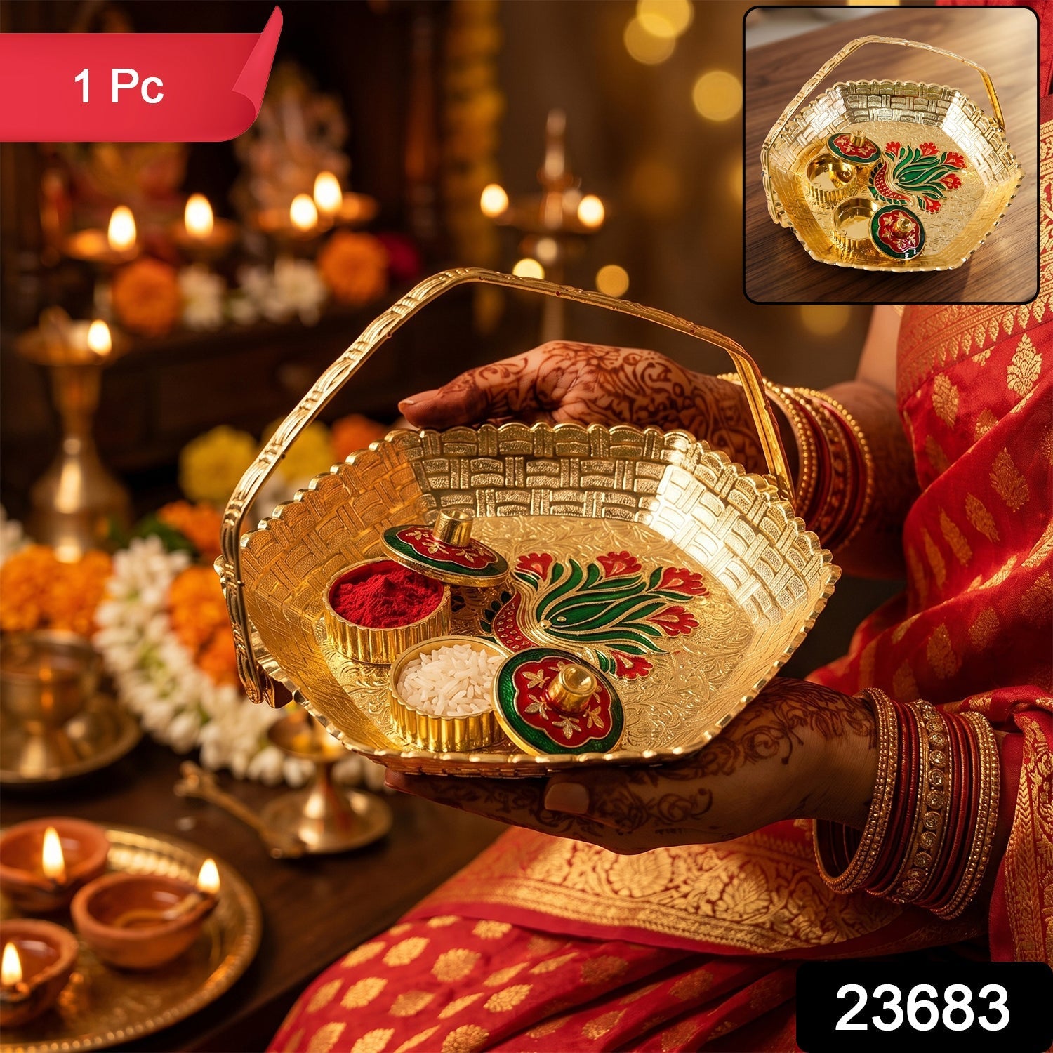 Golden Kumkum Kankavati Basket Elegant Ritual Organizer - Side View