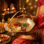Golden Kumkum Kankavati Basket Elegant Ritual Organizer - Front View