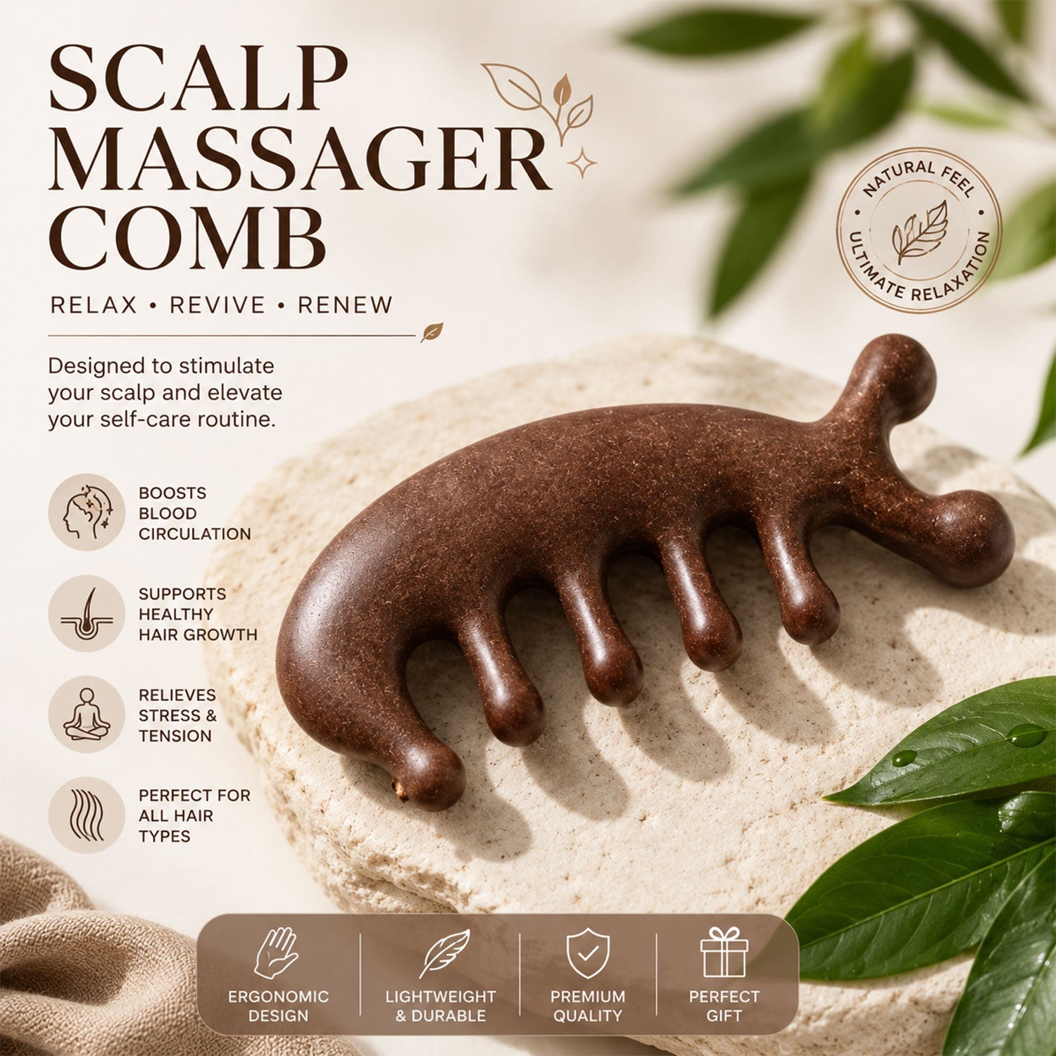 Wooden Scalp Massager Comb Promotes Hair Growth & Relaxation - Back View