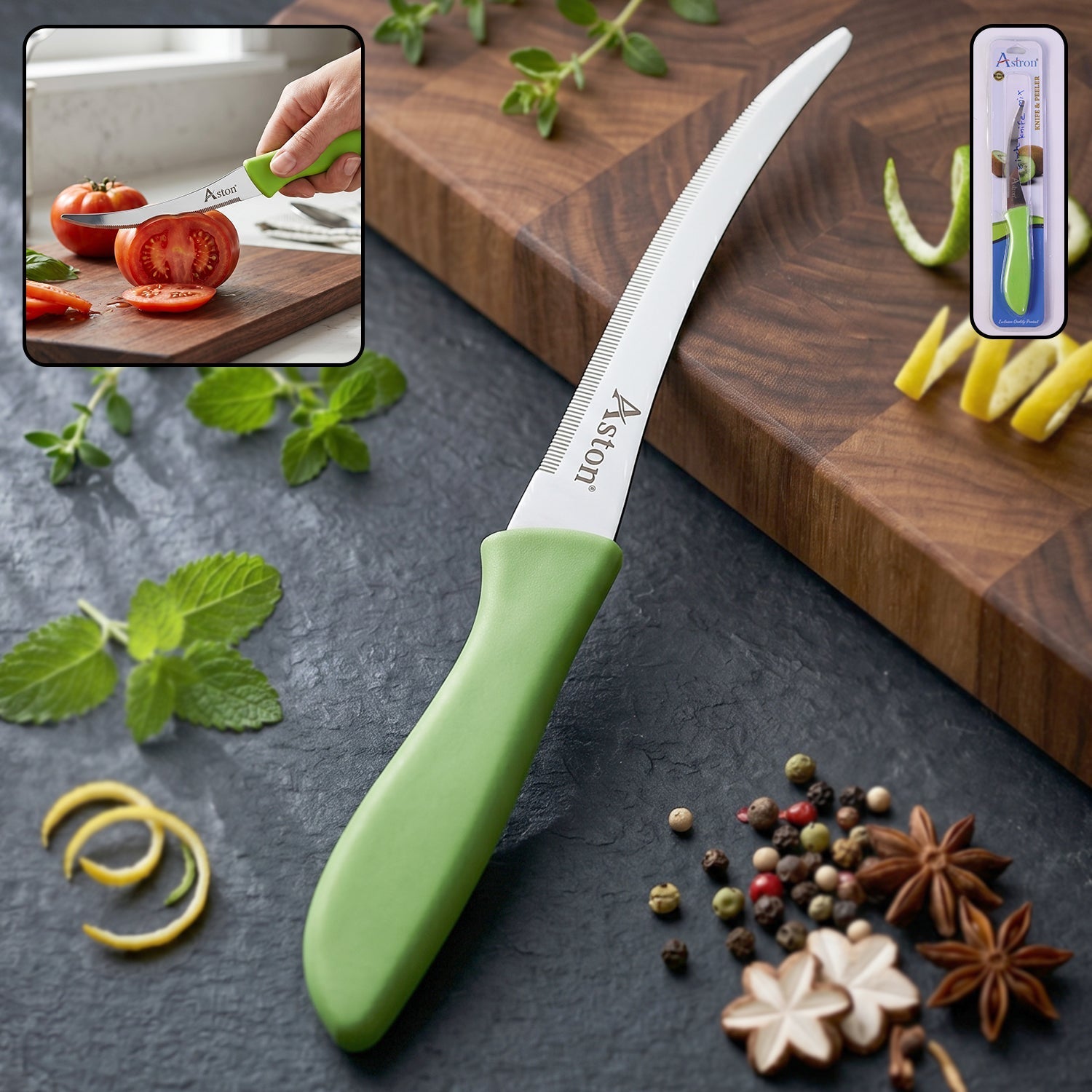Kitchen Utility Knife Sharp, Curved Serrated Blade for Precise Cutting - Front View