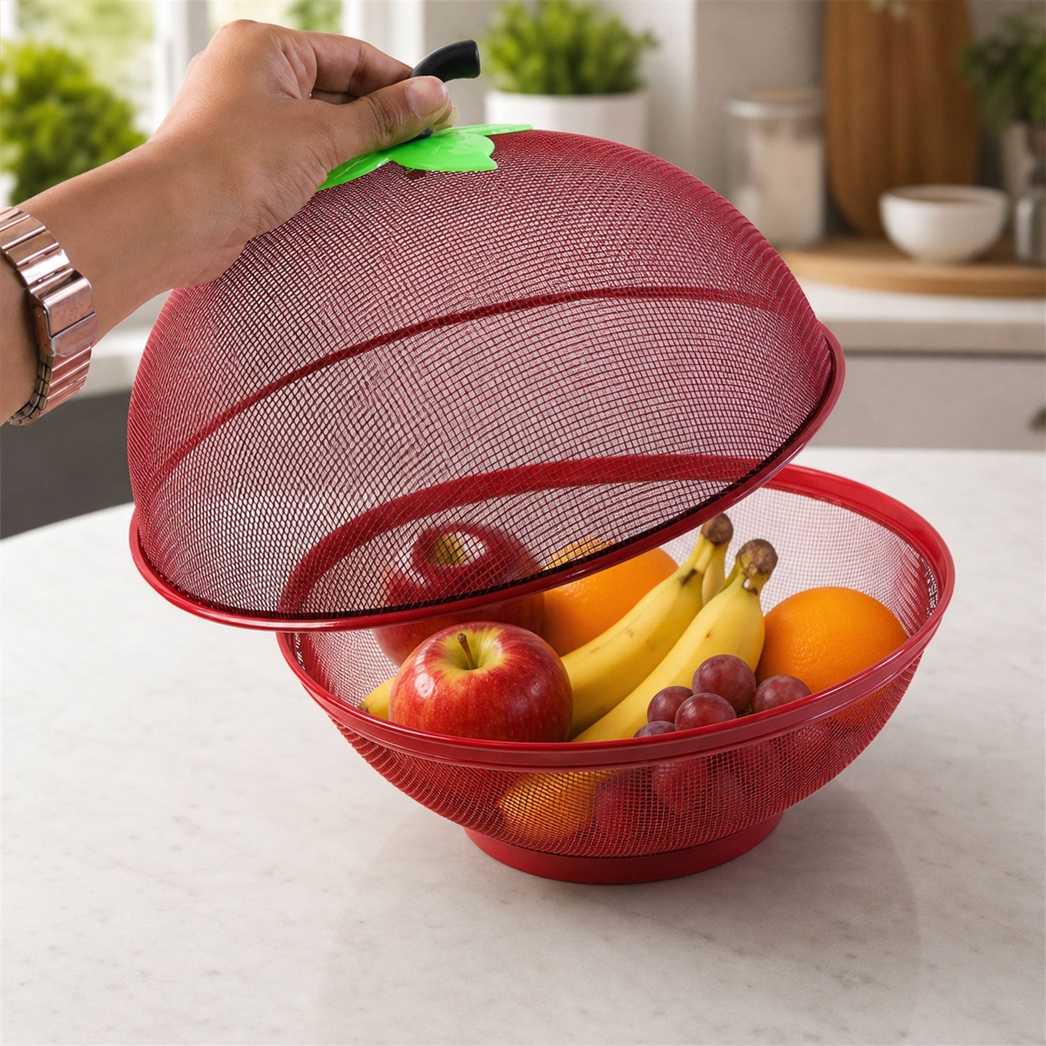 Apple Shaped Metal Net Fruit Basket Stylish Kitchen Storage - Front View