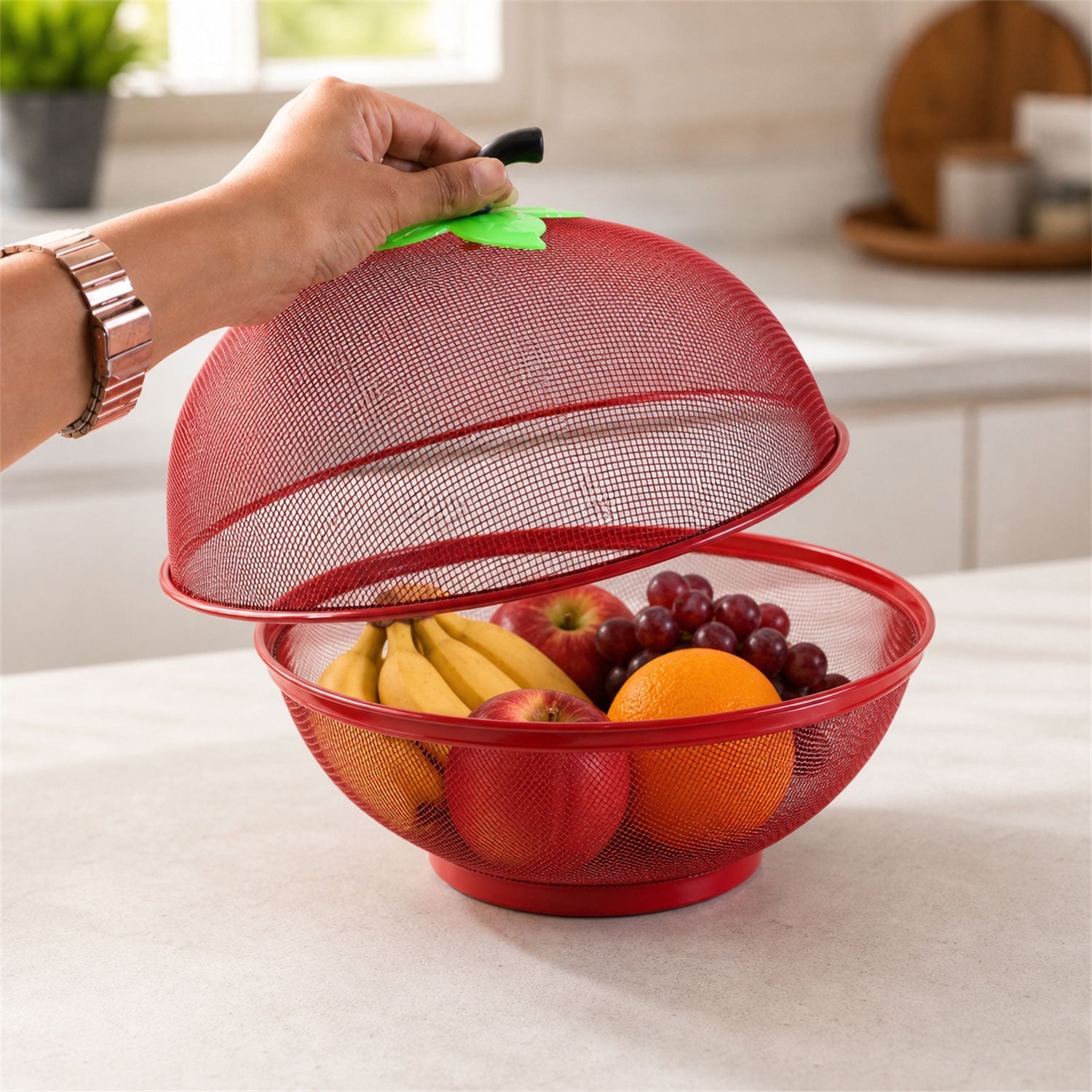 Apple Shaped Metal Net Fruit Basket Stylish Kitchen Storage - Back View