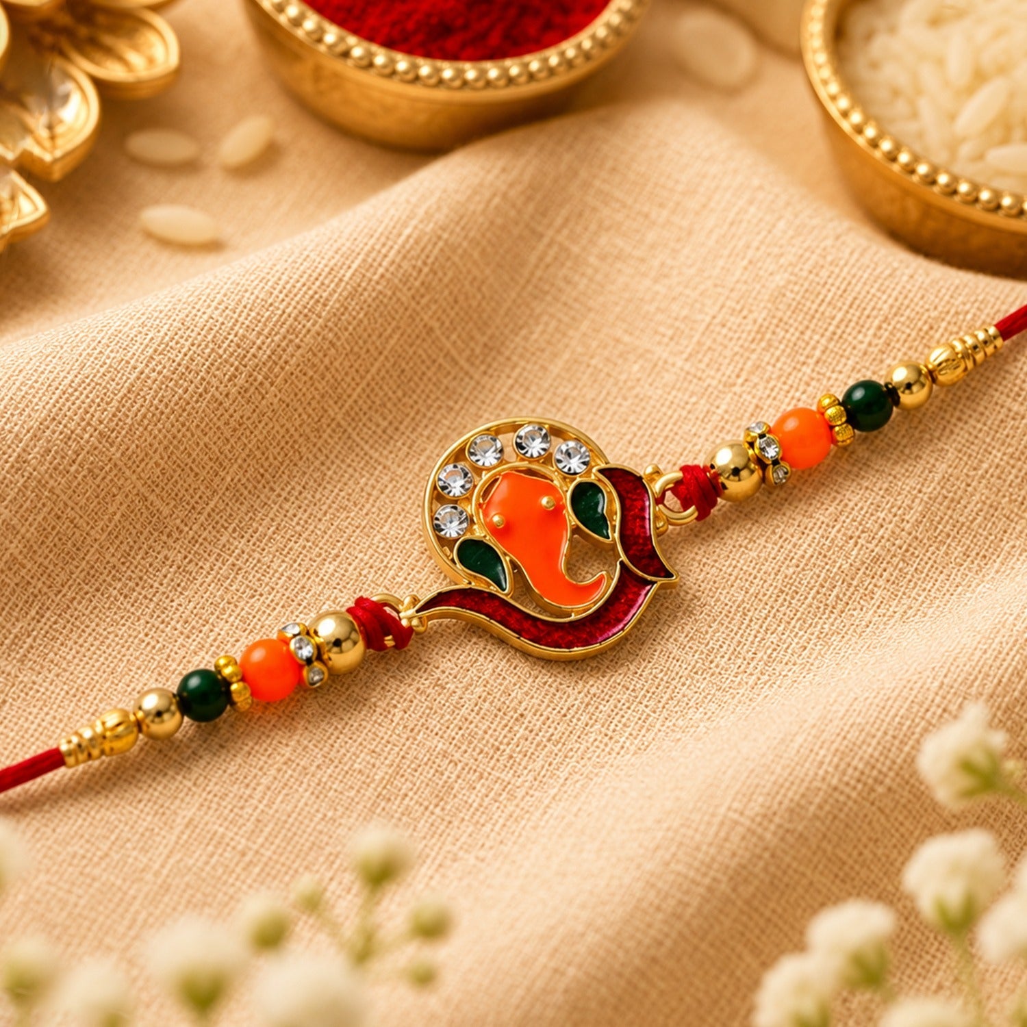 ALVENZA Golden Ganesha Rakhi – Red Green Beads with Stone Detailing