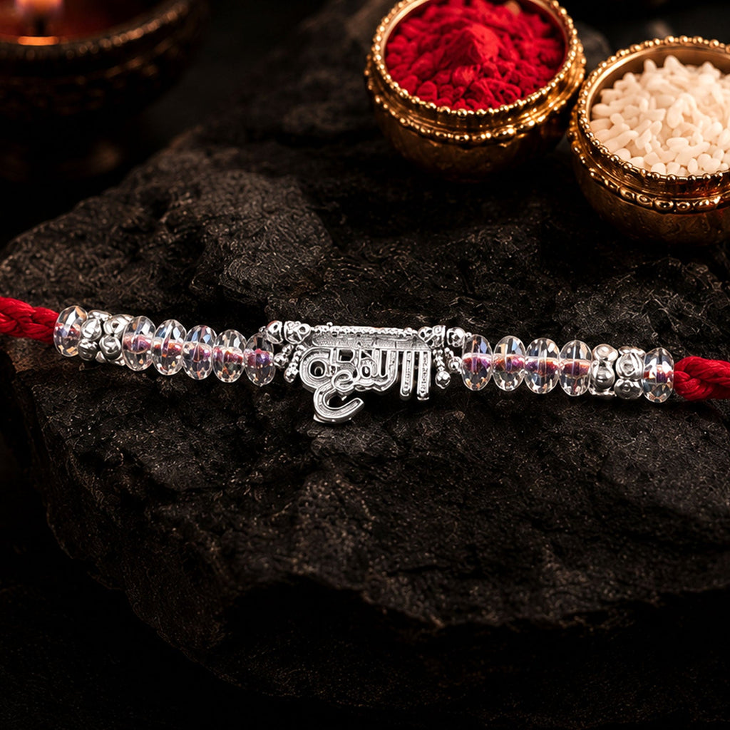 ALVENZA Silver Bhaiya Name Rakhi with Crystal Beads, Red Thread and Sparkling Detail