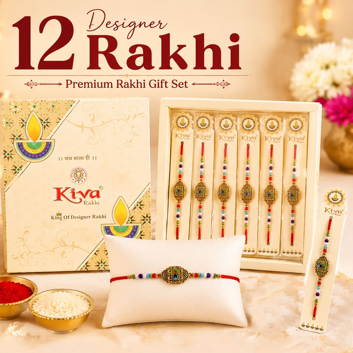 ALVENZA Antique Gold Peacock Feather Rakhi with Mor Pankh Centre and Multicolor Crystal Beads