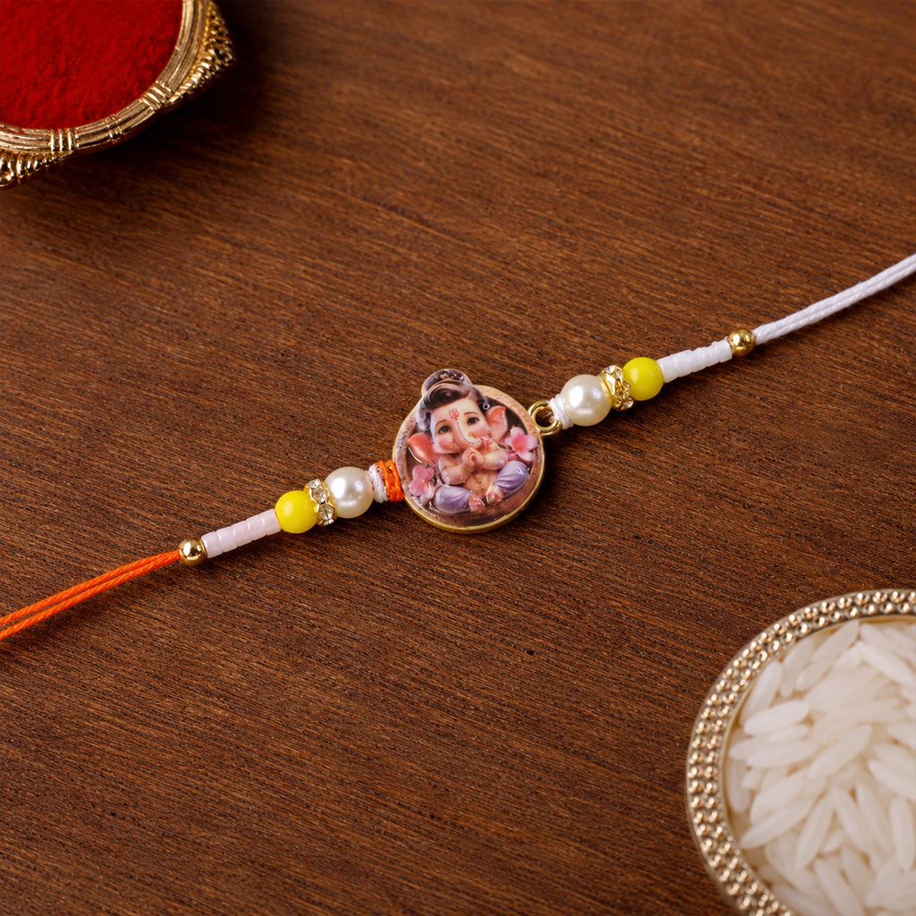 ALVENZA Ganesh Ji Rakhi – Vibrant Yellow Beads with Soft Thread for Raksha Bandhan