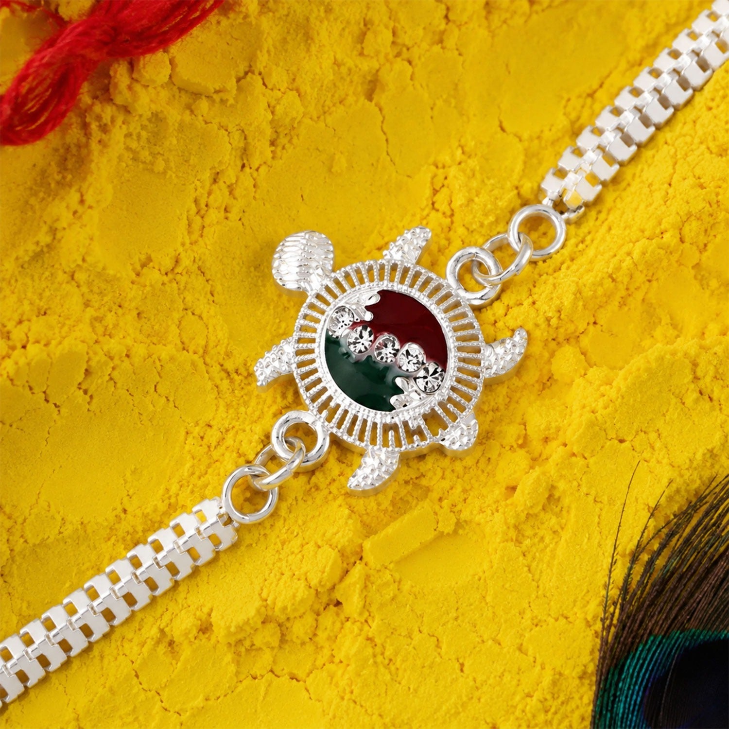 ALVENZA Turtle Rakhi – Red Green Enamel with Silver Metal Chain