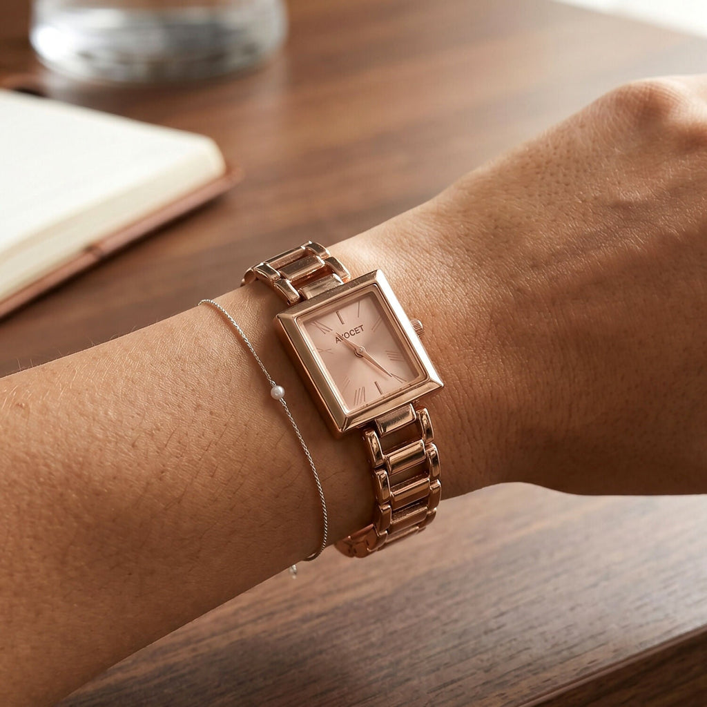 Rose Gold Square Dial Watch – Elegant & Stylish for Women