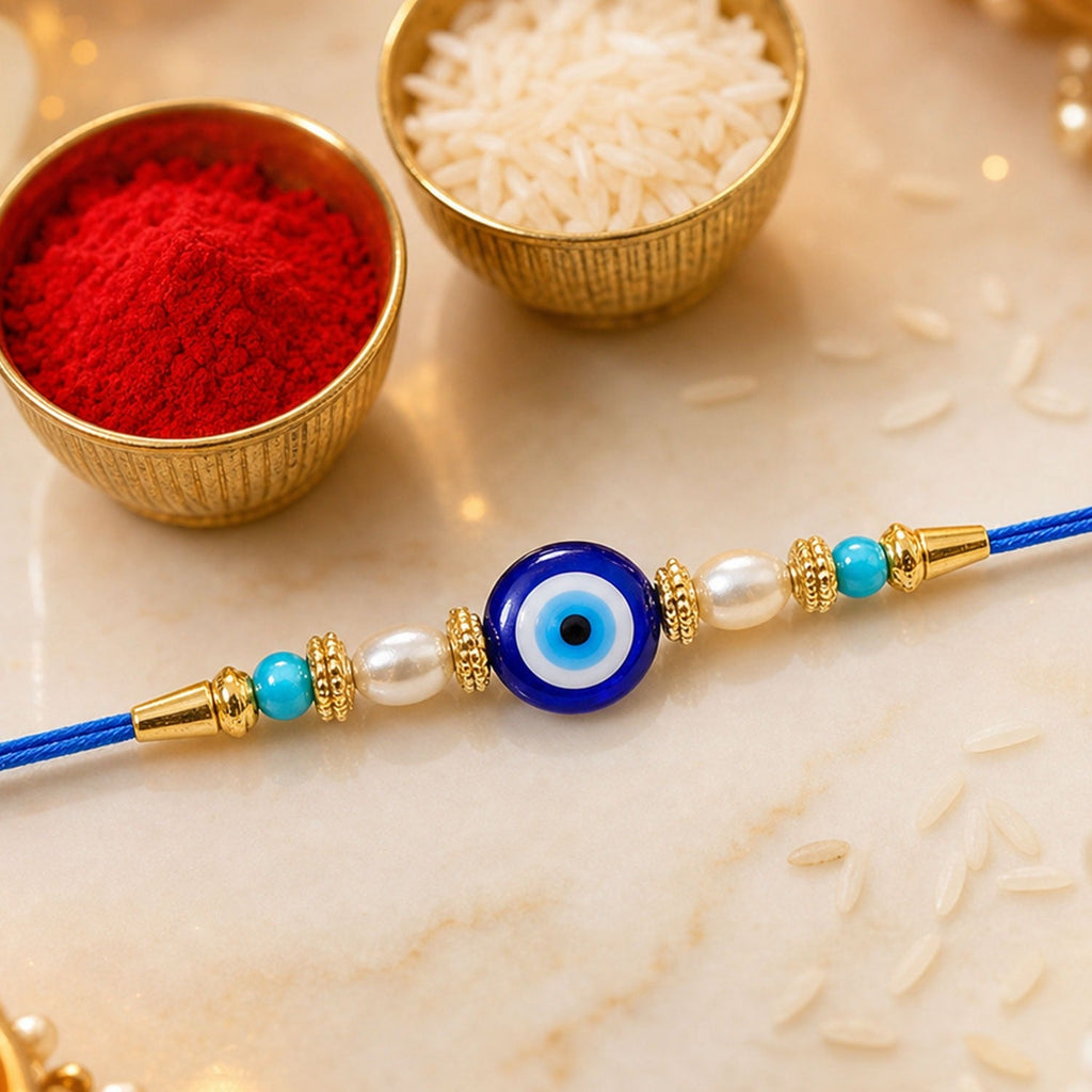 ALVENZA Blue Rakhi – Elegant Stone & Pearl Design for Brother