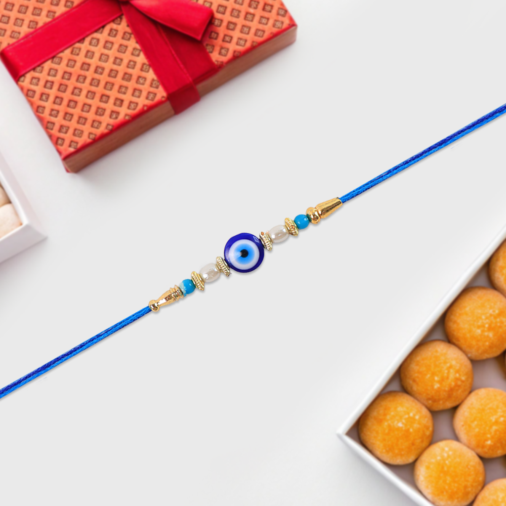 ALVENZA Blue Rakhi – Elegant Stone & Pearl Design for Brother