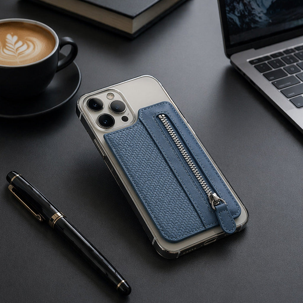 Adhesive Card Phone Holder Zipper Pocket Wallet | Mobilon - Side View